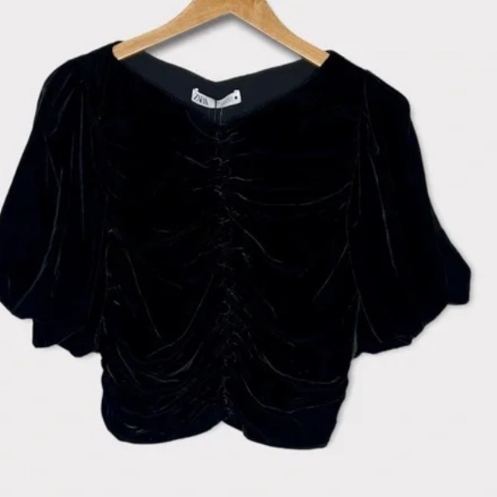 NWT Zara Black Top Velvet Puff Short Sleeve XS - Picture 6 of 8